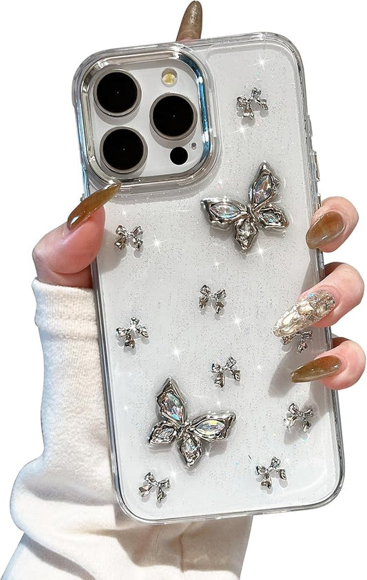 EYZUTAK Case for iPhone 14 Pro Max, Bling Glitter 3D Butterflies Bowknot Phone Case Cute Crystal Clear Bow Aesthetic Case Slim Soft Durable TPU Transparent Protective Cover for Women Girls - Butterfly