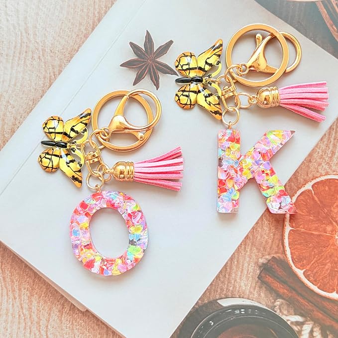 Cute Initial Letter Keychains for Girls Women with Tassel Butterfly Colourful Alphabet Keychain for Backpacks