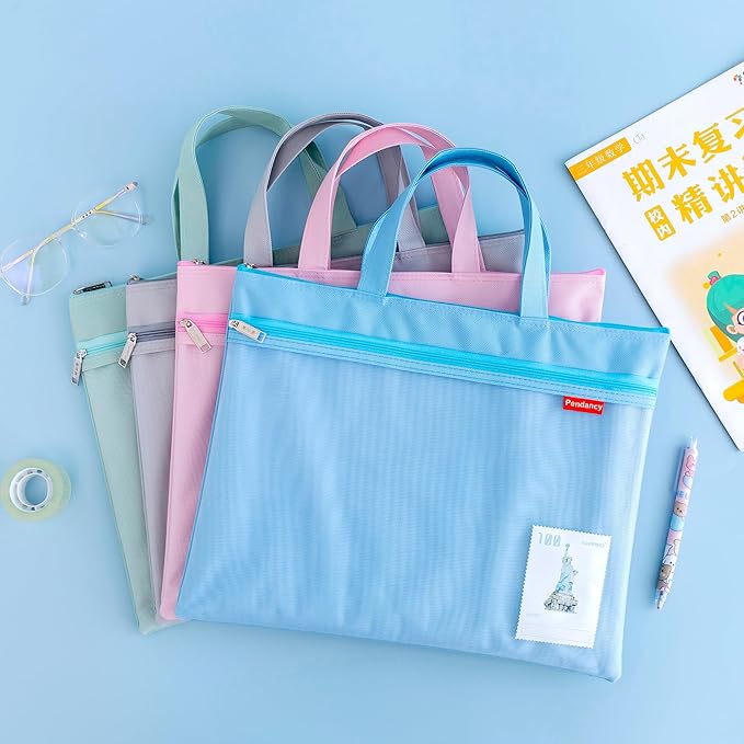 Pendancy Mesh Zipper Pouch 11x13.7 in, 2 pcs Large Double Pocket Waterproof File Bag with Handle, A4 Size Foldable Document Storage for Puzzle Project/Cross Stitch/Travel/Office（Gray Blue）