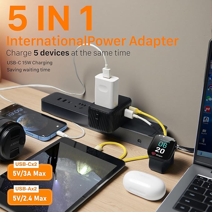 Universal Travel Plug Adapter Worldwide with 2 USB C and 2 USB A Ports, Travel Accessories Travel Charger International Travel Adapter Plug Travel Essentials USA to UK Europe Australia (Black, 17W)