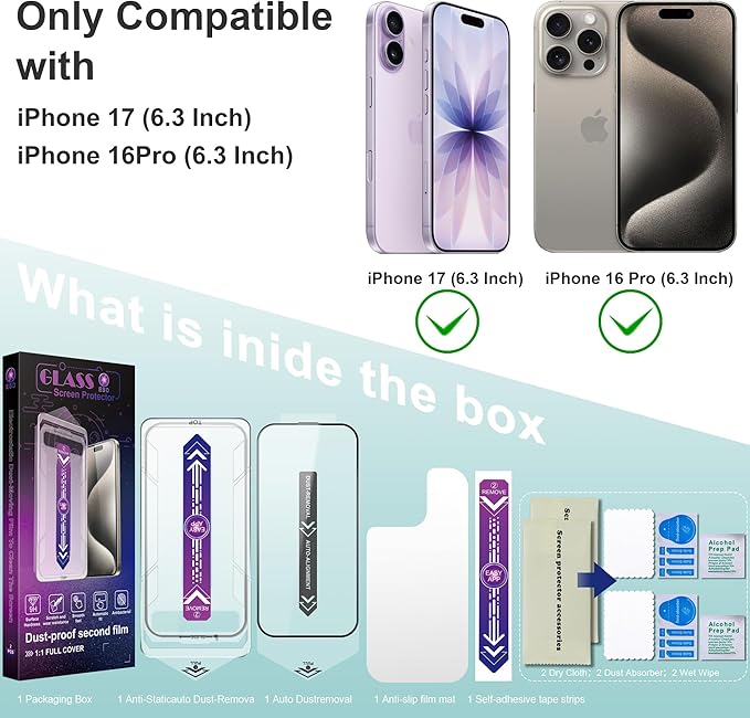 2 Pack Screen Protector Tempered Glass for iPhone 17&16 Pro 6.3-Inch Auto Dust Removal, No Bubbles, High Definition Clear, Easy Installation