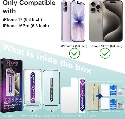 2 Pack Screen Protector Tempered Glass for iPhone 17&16 Pro 6.3-Inch Auto Dust Removal, No Bubbles, High Definition Clear, Easy Installation