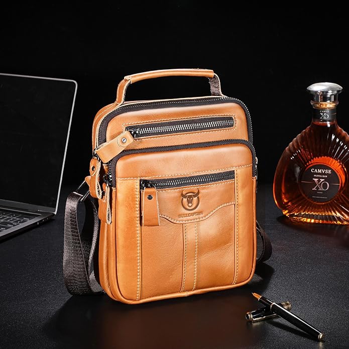 Leather Crossbody Bags for Men Casual Shoulder Bag Travel Messenger Bag Vintage Handbag Multi Pocket Satchel