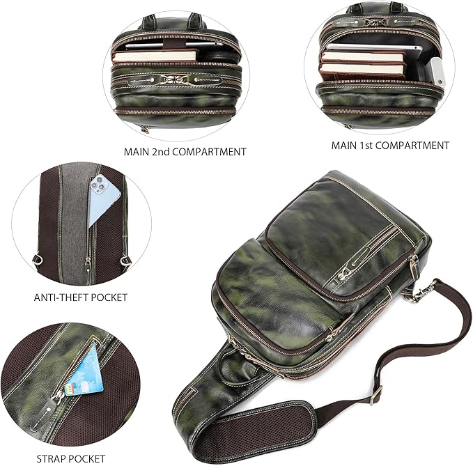 LANNSYNE Full Grain Leather Sling Bag For Men, Crossbody Bag fits 12.9" iPad Crossbody Chest Daypack