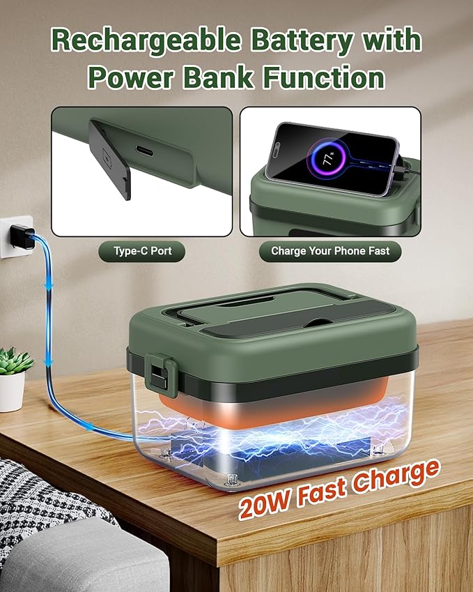 ODSD Cordless Electric Lunch Box for Adults, 16000mAh Rechargeable Self-Heating Lunch Box Food Warmer with Timer & Adjustable Heating, 34oz/1L Container with Insulated Bag for Office Car Outdoor