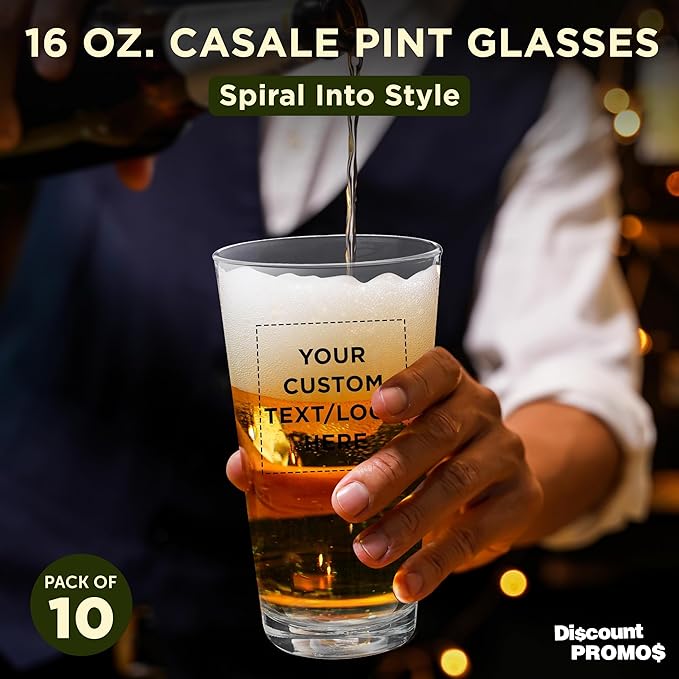 Custom Casale Pint Glass 16 oz. Set of 10, Personalized Bulk Pack - Beer Glasses, Heavy Duty Drinkware - Clear