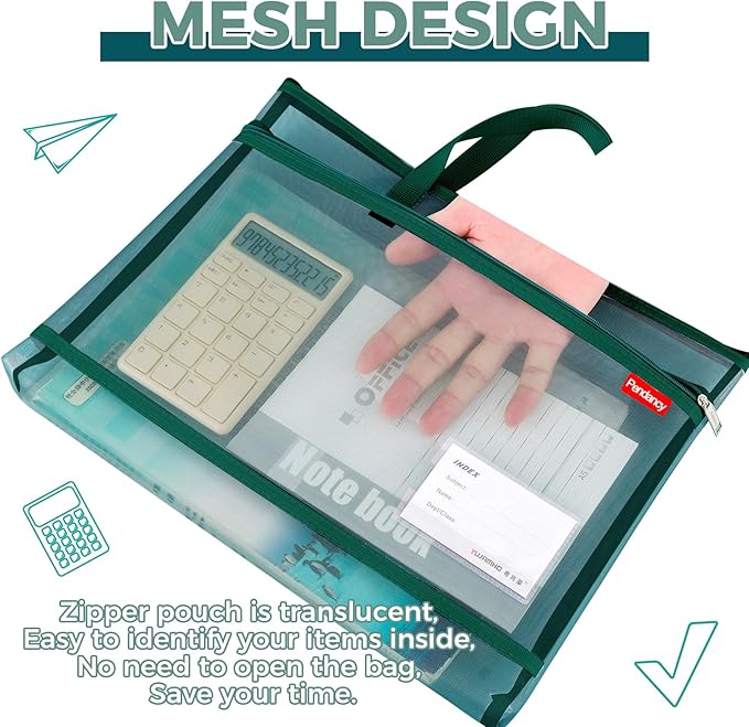 Pendancy Mesh Zipper Pouch A4 Size, Large Double Pocket Lightweight Nylon Transparent File Bag with Handle, 11x13.8 in Foldable Document Storage for Puzzle Project/Cross Stitch/Travel/Office (Green)