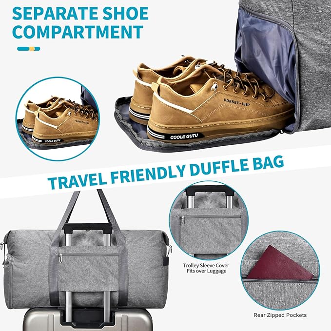 For Spirit Airlines Personal Item Bag 18x14x8, Foldable Small Travel Duffel Bags Gym Duffle Weekender Overnight Carry on Luggage Bag with Wet Pocket & Shoe Compartment for Women Men(Grey, 30L)