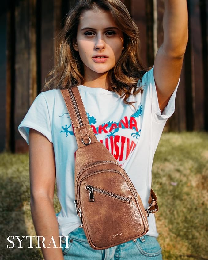 Sling Bag for Women, Crossbody Bags for Women Trendy Crossbody purse Vegan Leather Sling Backpack Chest Bag with Dual Purpose Strap, Mocha Brown