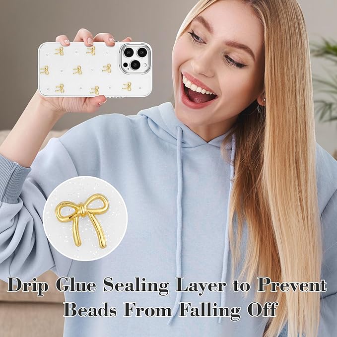 EYZUTAK Case for iPhone 13 Pro Max, Bling Glitter 3D Bowknot Phone Case Cute Sparkly Crystal Clear Bow Aesthetic Design Case Slim Soft Durable TPU Transparent Protective Cover for Women Girls-Gold Bow