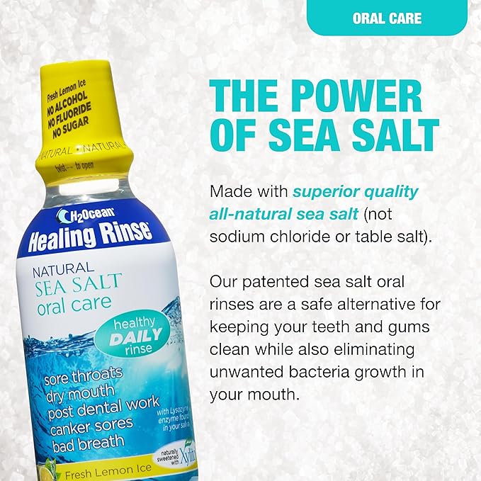 H2Ocean Healing Rinse Natural Sea Salt Oral Care - Mouth Rinse for Oral Care - Great for Piercings, Sore Throats & Gum Health - Alcohol- & Fluoride-Free Mouthwash - Lemon Ice, 16 oz