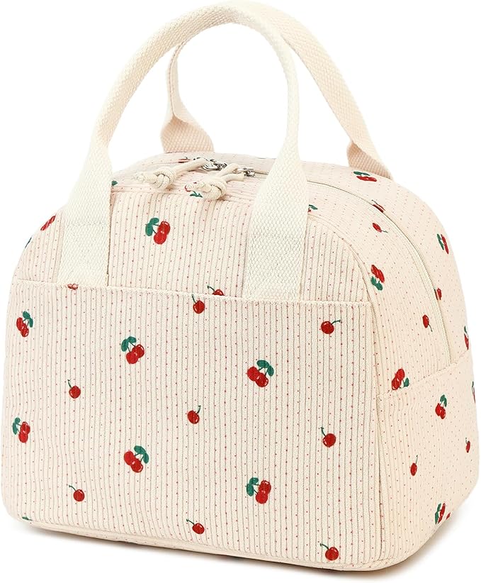 Insulated Cherry Lunch Bag for Women, Stylish Corduroy Tote with Aluminum Lining, Large Capacity Reusable Cooler for Work, Travel, Beach or Picnic, Beige Cream Water-Resistant Lunch Box