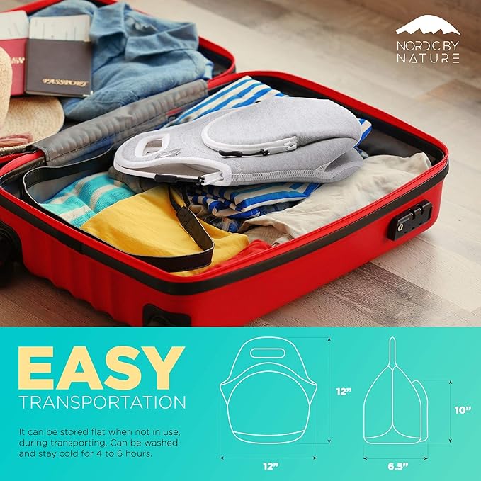 Nordic By Nature Insulated Neoprene Lunch Bag, Soft & Foldable Washable & Reusable Extra-Pocket (M) Light Gray