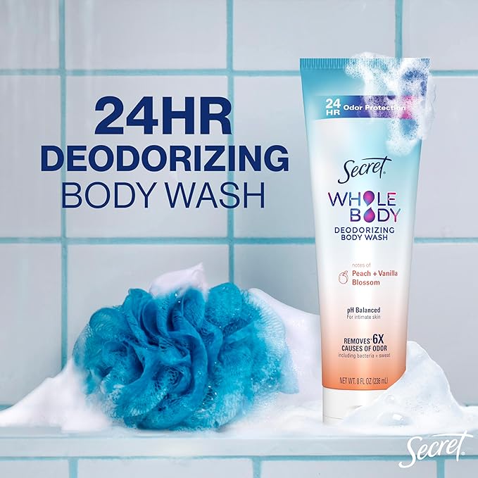 Secret Feminine Wash, 24 HR Deodorizing Feminine Body Wash for Women, Removes 6x Causes of Odor, PH Balanced, Safe to Use Everywhere, Peach & Vanilla Blossom Scent, 8.0 oz