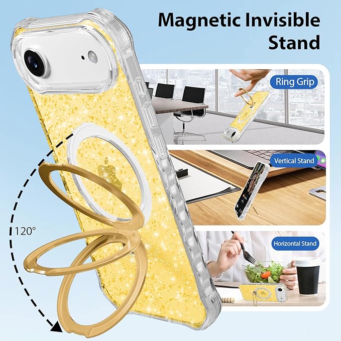 Magnetic for iPhone Air Case with Invisible Stand, Compatible with MagSafe, Clear Bling Sparkle Shockproof Slim Anti-Slip Military Drop Protection Hard Phone Case 6.5" Glitter Gold