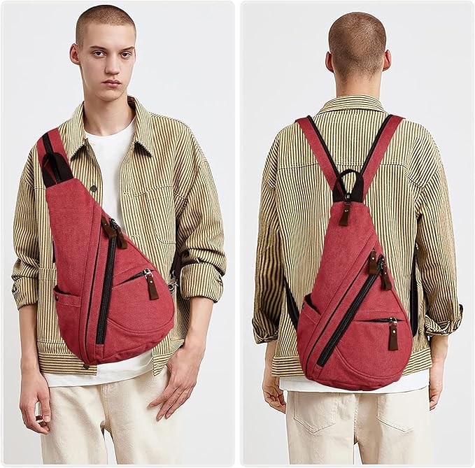 HuxFam Sling Bag for Women Men Crossbody Backpack Canvas Convertible Chest Bags Outdoor Travel Hiking Cycling Shoulder Daypack,Red