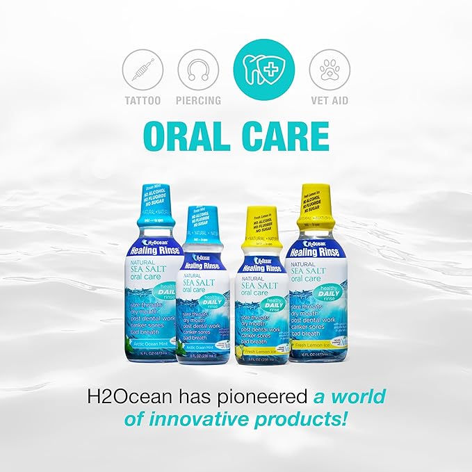 H2Ocean Healing Rinse Natural Sea Salt Oral Care - Mouth Rinse for Oral Care - Great for Piercings, Sore Throats & Gum Health - Alcohol- & Fluoride-Free Mouthwash - Lemon Ice, 16 oz