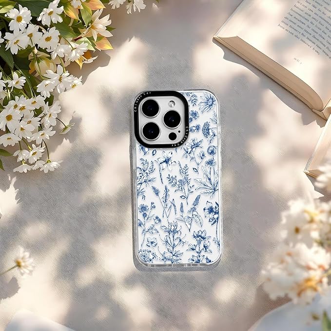 for iPhone 15 Case, Vintage Botanical Pattern with Blue Flowers, Military-Grade Drop Protection, Cute Soft Slim TPU Protective Cover with Camera Lens Protection for Women & Girls