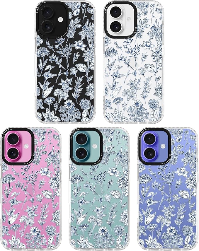 for iPhone 16 Case, Vintage Botanical Pattern with Blue Flowers, Military-Grade Drop Protection, Elegant Soft Slim TPU Protective Cover with Camera Lens Protection for Women & Girls