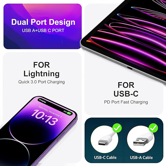 3 Pack Dual Port USB C Charger Block, 20W Power Delivery + QC3.0 USB A Double Port Fast Charging Brick for iPhone 16 15 14 13 12 Pro Max Plus SE X XS Cube, Quick Charge Plug Adapter (Blue)