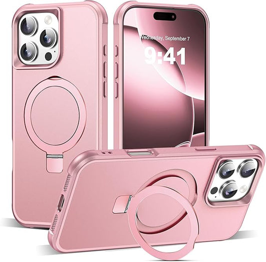 Compatible with iPhone 16 Pro Case with Invisible Magnetic O-Ring Stand Military-Grade Case for iPhone 16 Pro 6.3" [Compatible with Mag-Safe][Great Grip Feeling], Rose Gold