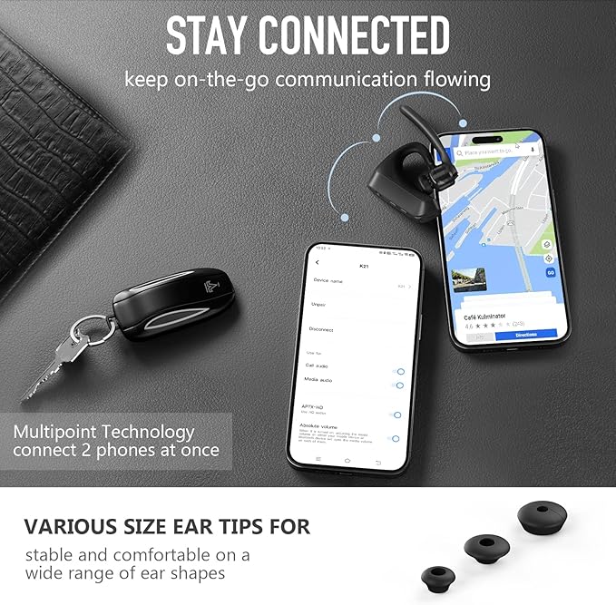 Conambo K21 Bluetooth Headset V5.1, Bluetooth Earpiece with CVC 8.0 Dual Mic Noise Cancelling Wireless Headphone - Mute & Volume Buttons 16Hrs Talking for iOS Android Cell Phone, Trucker, Office Work