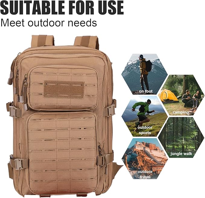 40L Tactical Backpack, Camouflage Military Bug Out Bag, Durable MOLLE Hiking Camping Gear (TAN)
