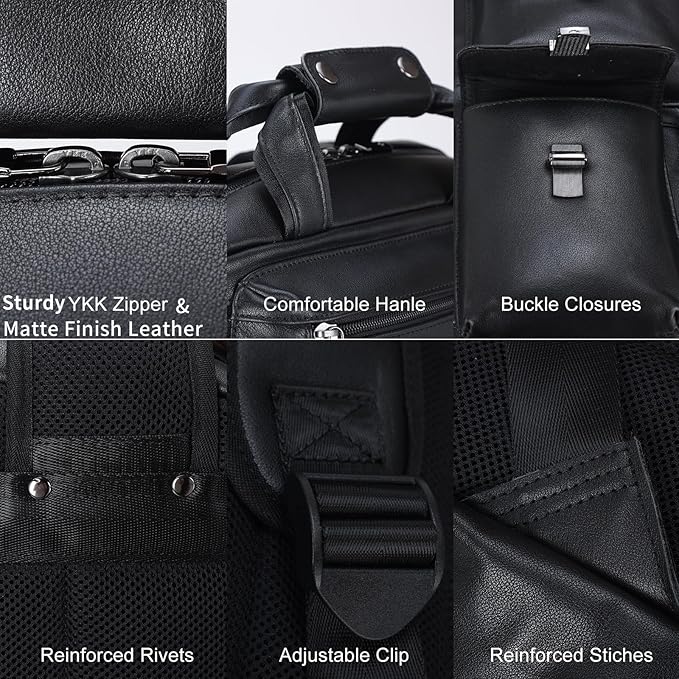 Masa Kawa Black Leather Backpack for Men 15.6 Inch Laptop Bag Multi Pockets Casual Work Business Travel Daypack