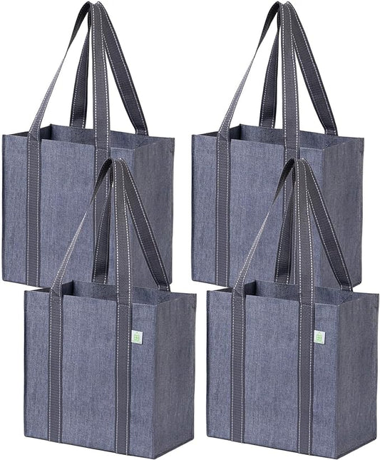 VENO 2-4 Pack Reusable Grocery shopping Bags, Small Tote Bag w/Handle Hard Bottom, Heavy Duty, Foldable Carrier