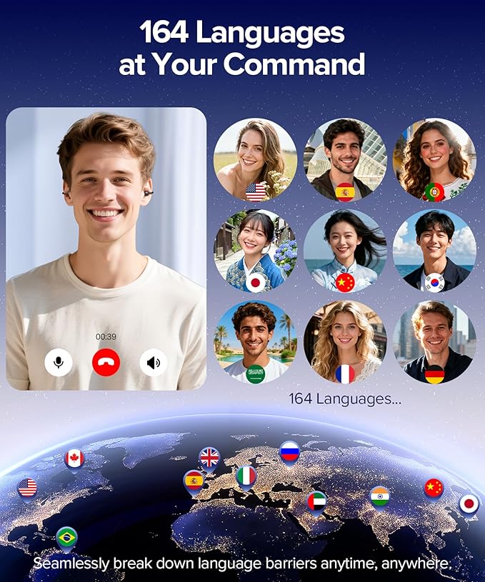 AI Translation Earbuds Real Time 164 Languages AI Translator Earbuds Audifonos Traductores Inglés Español Wireless Earbud Translating Ear Buds Bluetooth Headphones for Travel Business Learning Black