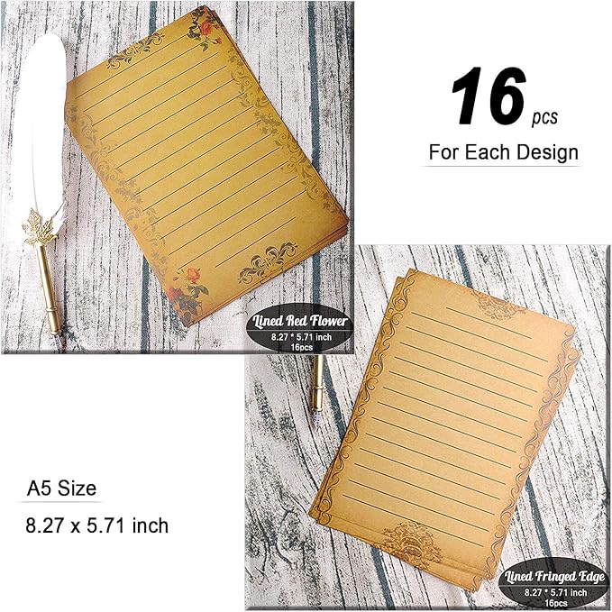128 Sheets 8 Style Vintage Stationary Paper, 5.7 x 8.3 inch A5 Size 100gsm Kraft Floral Printed Letter Writing Stationery Bulk Set for Personalized Letters, Creative Poems, Lyrics, Notes, etc.