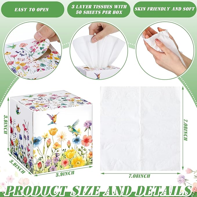 12 Pack Summer Floral Facial Tissues Cube Boxes 600 Sheets 3 Ply Small Square Flower Hummingbird Face Tissues Bulk for Summer Car Bedroom Supplies