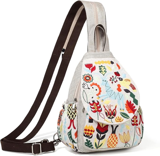 SILKAREA Vintage Embroidered Floral Ethnic Backpack for Women Handbag Shoulder Bag Mini Travel Purse (Embroidered White)