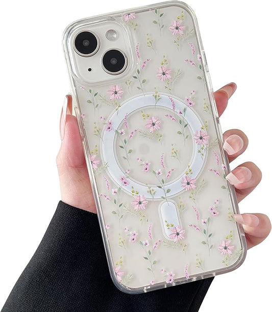 ZTOFERA for iPhone 13/14 Magnetic Case Compatible with Magsafe,Aesthetic Floral Pattern Design Cute for Girl Women,Anti-Drop Protective Hard Phone Cover for iPhone 13/14-Pink Flower