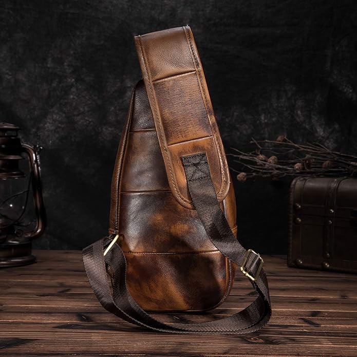 Le'aokuu Men Fashion Casual Tea Designer Travel Hiking Crossbody Chest Sling Bag Rig One Shoulder Strap Bag Men Leather 8015