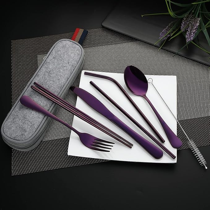 DEVICO Portable Utensils, Travel Camping Cutlery Set, 8-Piece including Knife Fork Spoon Chopsticks Cleaning Brush Straws Portable Case, Stainless Steel Flatware set (Purple)
