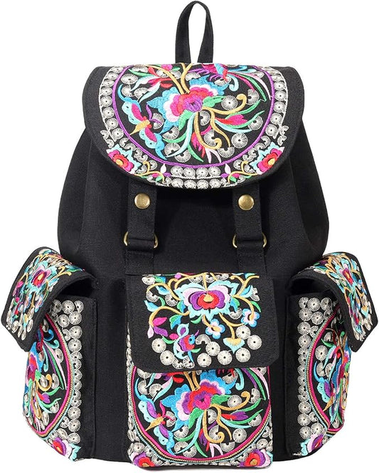SILKAREA Vintage Embroidered Backpack Purse for Women Handbag Canvas Shoulder Bag Ethnic Boho Travel Backpack (Black S2) Large