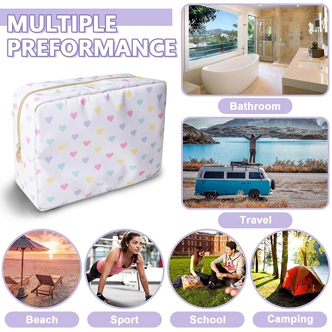 Large Makeup Bag Pouch, Nylon Women Travel Toiletry Storage Bag Big Makeup Organizer Bag for Girls, Preppy Cosmetic Bag Cute Zipper Pouch Skincare Bag for Sport School Work Gift(Large-White Heart)