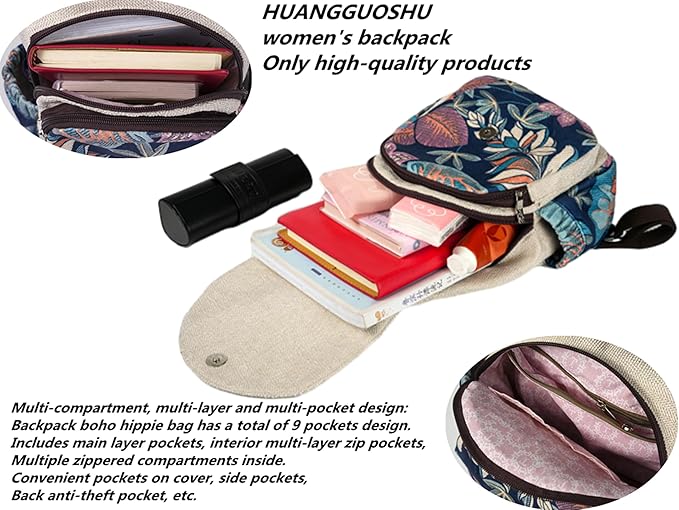 HUANGGUOSHU Bohemian Knit Backpack - Handcrafted, Multi-Pocket, Secure Zipper Pockets Pocket - Ideal Gift for Girls, Moms, and Students - Travel Essential for Fashionable Women-Flower Backpack