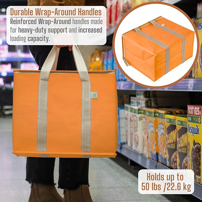 VENO 2 Pack Cooler Bag and Insulated Grocery Bags for Food Delivery, Collapsible Cooler. Reusable Shopping Bags for Groceries with Hard Bottom, Zippered, Foldable, Heavy-Duty (Autumn Orange, 2 Pack)