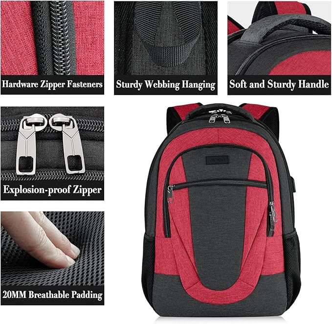 Travel Laptop Backpack for Woman and Men, School Backpack for Teens with USB Charging Port, Waterproof College Back Pack for 15.6 IN Laptop Backpack, Adult Business Computer Travel Backpack, BlackRed