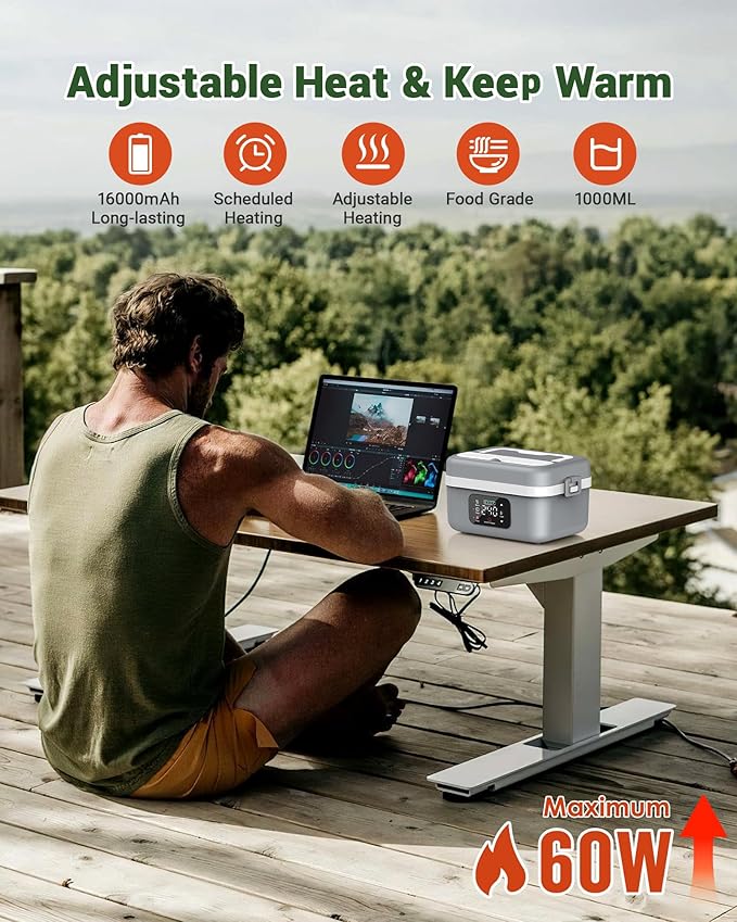 ODSD Cordless Electric Lunch Box for Adults, 16000mAh Rechargeable Self-Heating Lunch Box Food Warmer with Timer & Adjustable Heating, 34oz/1L Container with Insulated Bag for Office Car Outdoor