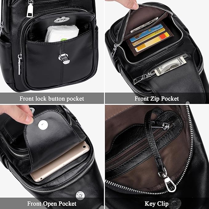 Over Earth Genuine Leather Sling Bag for Women Men Crossbody Backpack Small Chest Bags(O212E Classic Black)