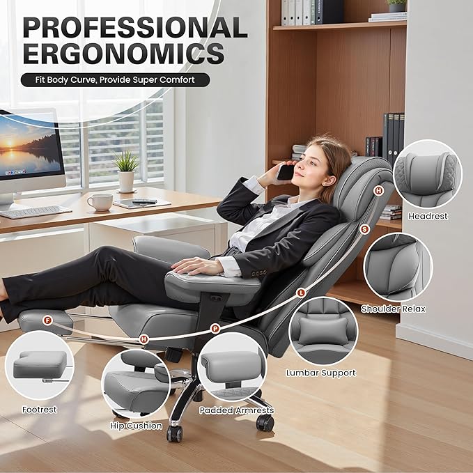 Office Desk Chair, Big and Tall Leather Gaming Chair with Footrest, Wide Ergonomic Comfy Executive High-Back Reclining Computer Chairs, Swivel Rolling Wheels and Padded Lumbar Support, Gray