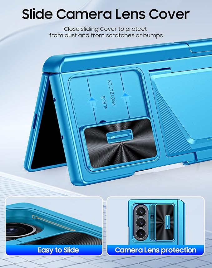 for Samsung Galaxy Z Fold 7 Case with Card Holder RFID Blocking & Privacy Screen Protector & Slide Lens Cover & Hinge Protection & Kickstand, Shockproof Wallet Case for Z Fold 7 (Lake Blue)