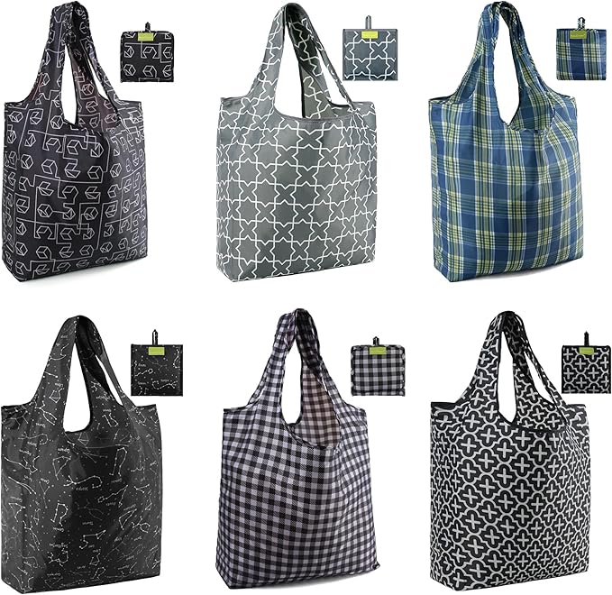 BeeGreen Reusable Gift Bags with Handles Geometry Design -Reusable Grocery Bags Pack of 6 Foldable Totes for Women - Machine Washable Polyester Shopping Bags for Women Travel (Collapsible)