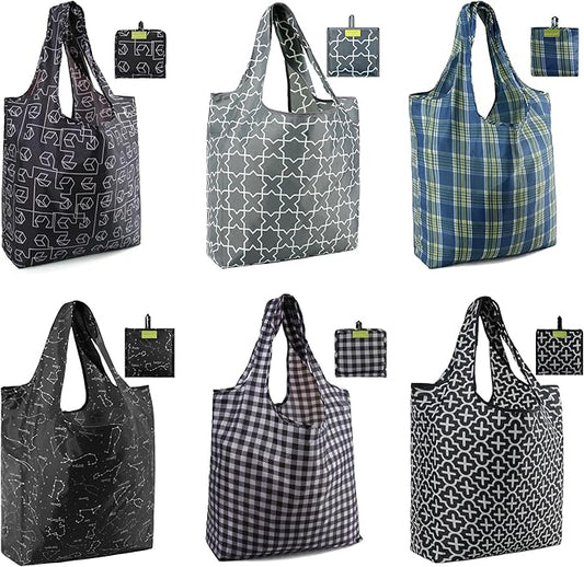 BeeGreen Reusable Gift Bags with Handles Geometry Design -Reusable Grocery Bags Pack of 6 Foldable Totes for Women - Machine Washable Polyester Shopping Bags for Women Travel (Collapsible)