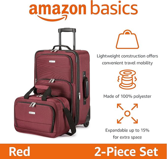 Amazon Basics Luggage Sets, Carry-On 23-Inch, tote 15-Inch, Suitcase With Wheels, Expandable Extra Space (+15%), Front Pockets and Telescopic Handle, Burgundy