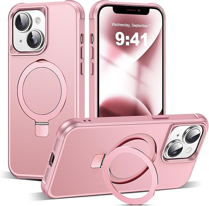 Compatible with iPhone 14 Plus Case with Invisible Magnetic O-Ring Stand Military-Grade Case for iPhone 14 Plus 6.7" [Compatible with Mag-Safe][Great Grip Feeling], Rose Gold