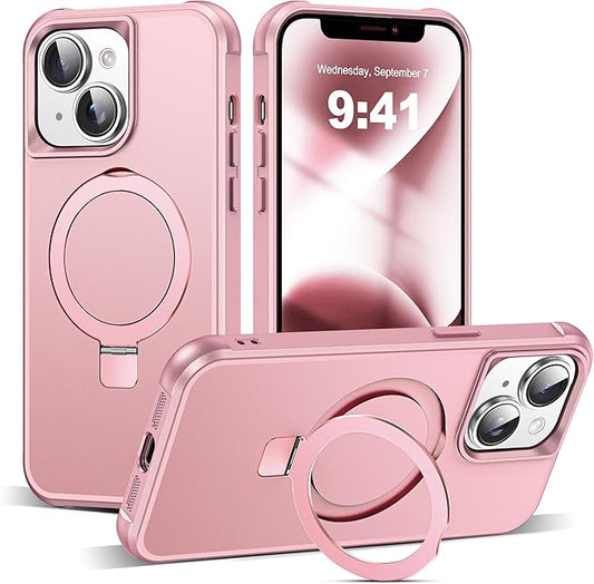 Compatible with iPhone 14 Plus Case with Invisible Magnetic O-Ring Stand Military-Grade Case for iPhone 14 Plus 6.7" [Compatible with Mag-Safe][Great Grip Feeling], Rose Gold